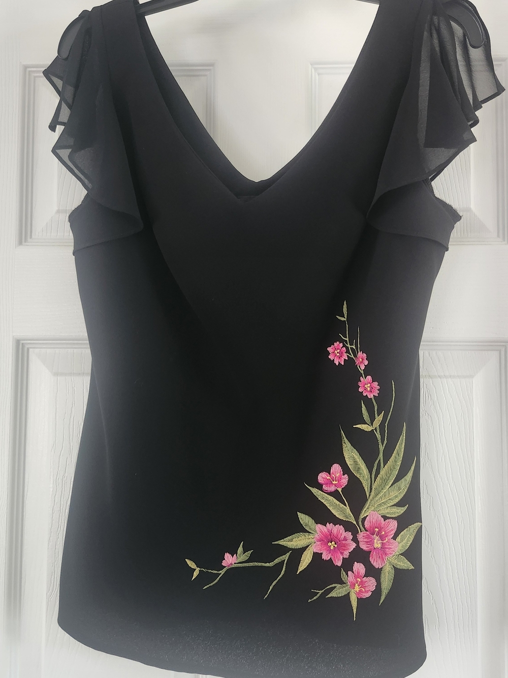 Vintage S.L. Fashions Black V-Neck Ruffle Sleeve Top with Pink Floral Embroidery